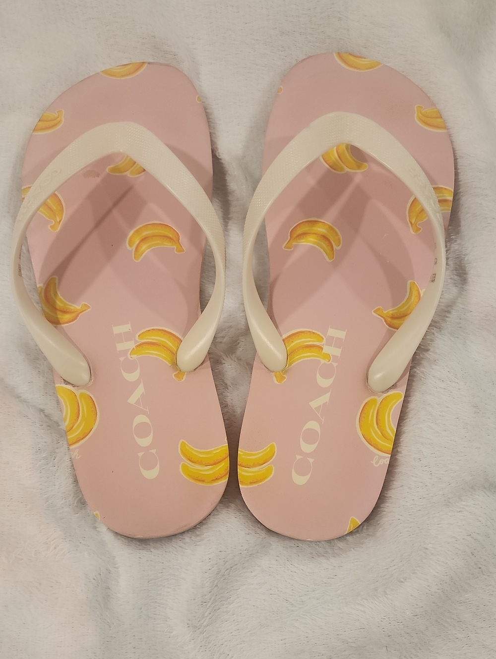 Coach Pink Flip Flops with Yellow Banana Print Sz 39.5